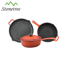 3pcs vermelho esmalte cozinha chef ferro fundido pote conjunto